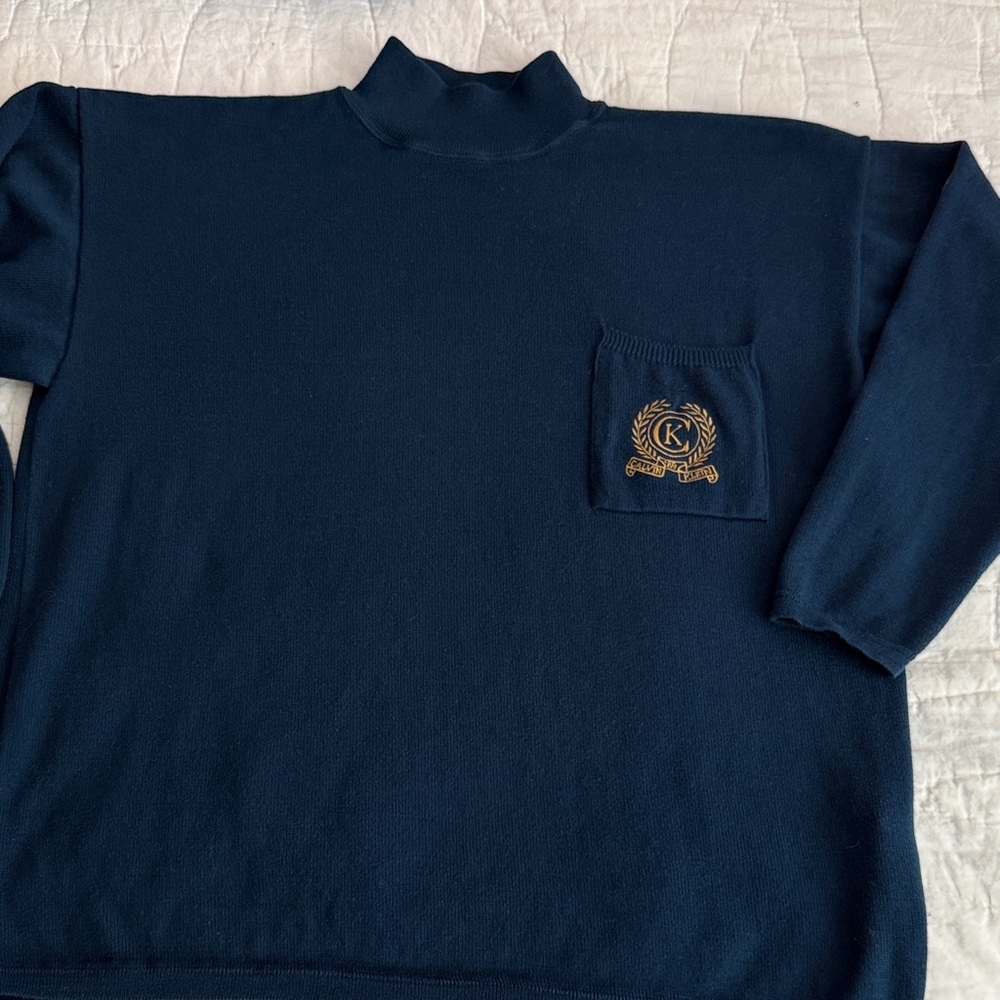Calvin Klein Navy Turtleneck Sweater with Gold Embroidery